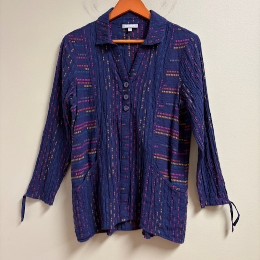 Habitat Clothes to Live In Womens Top Sz S Button Up Rainbow Boho Artsy Gauzy